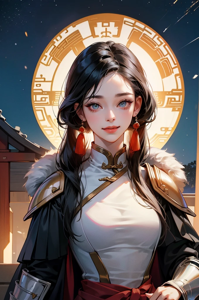 chinese_Armor,25 year old Chinese girl,Women's Armor,alone,shoulder_Armor,helmet,blue_sky,hair,fur trim,hair waist protection,detailed_eye,looking at viewer,smiling,night,black hair,masterpiece, best quality, perfect eye, perfect face, perfect lighting, 8K,complete anatomy,