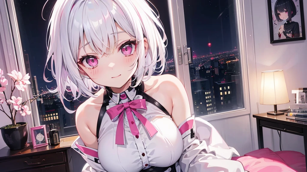 White Hair Girl、Pink Eyes、Short Hair、Only one girl、Night、In the bedroom、Blushing、laughing、Excited、Just One