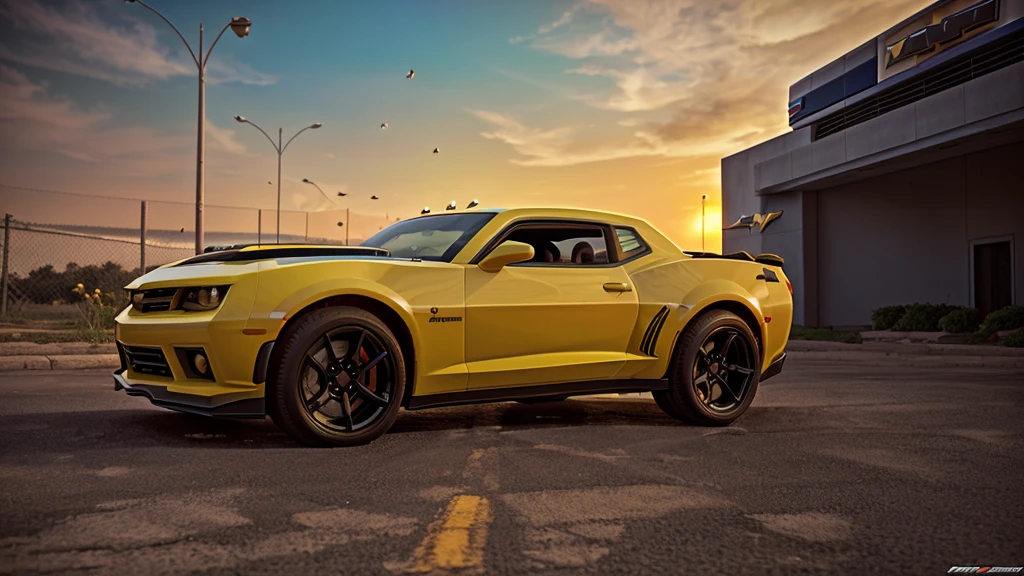 create 3D wallpaper with realistic (bumbleebee:1.2), transformers with car (Chevrolet Camaro yelllow:1.2), poster movie, cinematic effect light, hyperrealistic, detail, high res, 16K