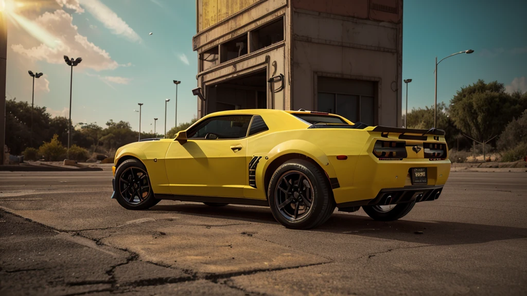 create 3D wallpaper with realistic (bumbleebee:1.2), transformers with car (Chevrolet Camaro yelllow:1.2), poster movie, cinematic effect light, hyperrealistic, detail, high res, 16K