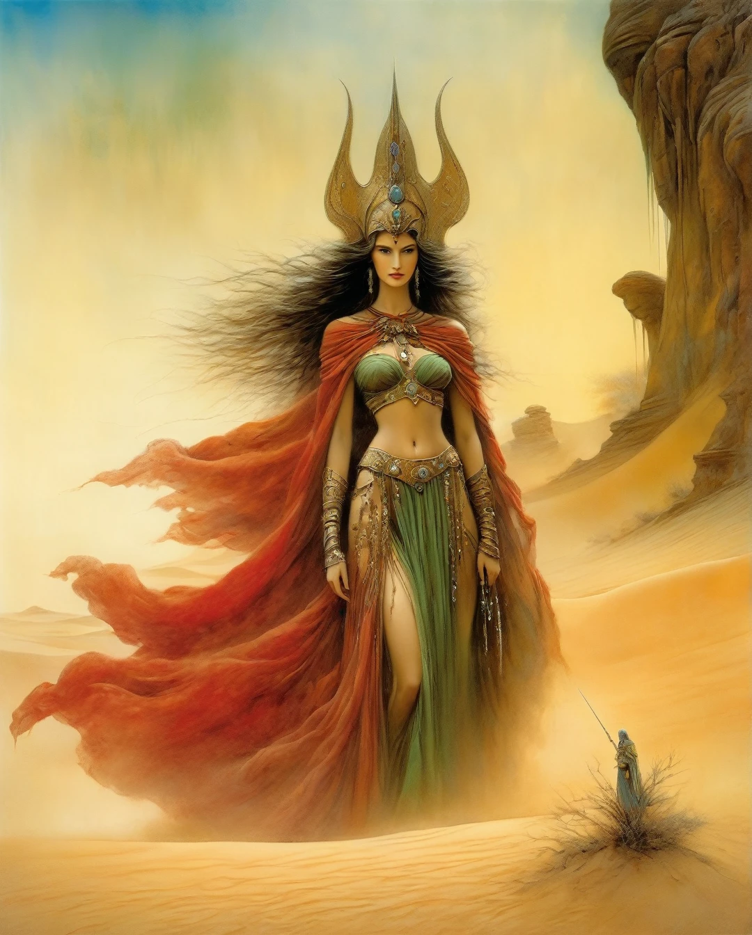 "In the style of Luis Royo.", A surrealist scene set in a mysterious desert with towering sand dunes. A tall, elegant female in flowing ancient robes stands alongside a tall, strong warrior in elaborate ancient armor. The mood is ethereal and ghostly. The palette includes rich, earthy tones of reds, browns, ochres, blues, yellows, and greens. Bold, varied brushstrokes create texture and movement. Floating above the scene are ghostly figures from mythology. The setting blends elements of fantasy, adventure, and technology..... (best quality,4k,8k,highres,masterpiece:1.2),ultra-detailed,(realistic,photorealistic,photo-realistic:1.37),alternative reality,telepathic,psychic powers,mind reading,third eye,mind bending,intense gazing,parallel universe,Yoshitaka Amano style,dreamlike,fantasy,vivid colors,soft lighting