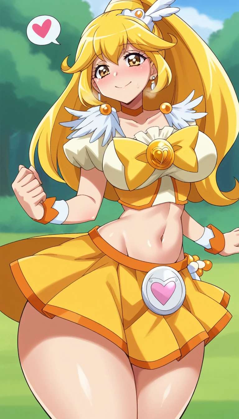 score_9, score_8_up, score_7_up, outdoor,
BREAK
source_anime, 
BREAK
1girl, curepeace, yellow hair, elect big nipple, huge breasts, happy, closed mouth, spoken heart, 
navel,  skirt,
tall, leggy, glistened skin, oiled skin, shiny skin, heavy breathing, wide hips, tight waist, thick thighs,
contrapposto,
looking_at_viewer,