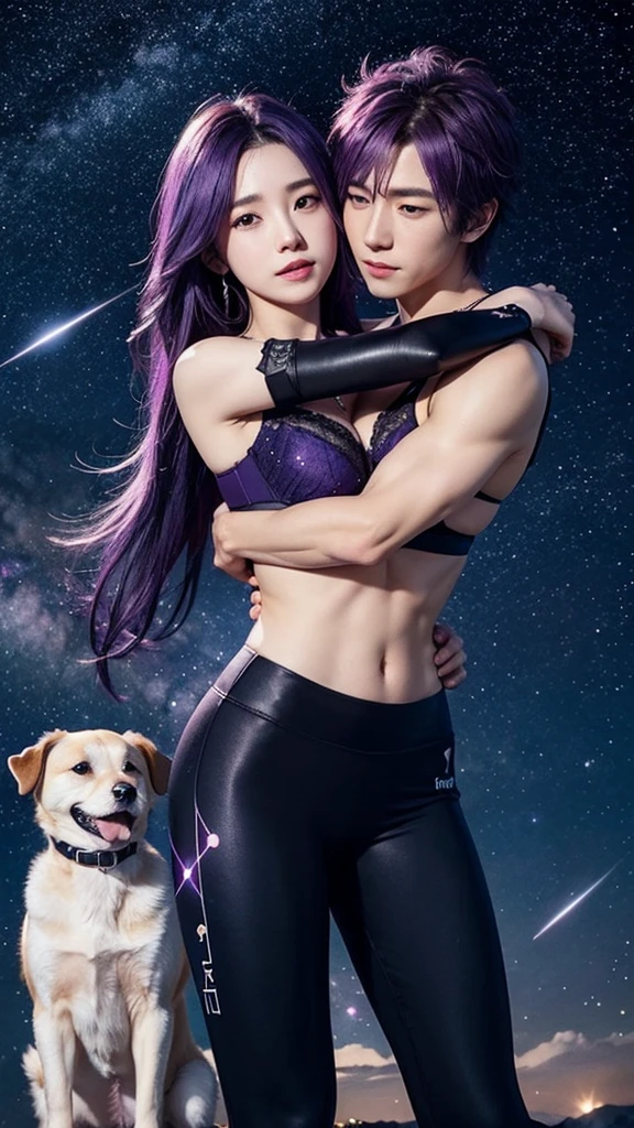 AIBeauty、Prompto hugs a dog、constellation、Night Sky、starry sky zoo、Real Beauty、Show off your whole body、Purple hair bra top、leggings