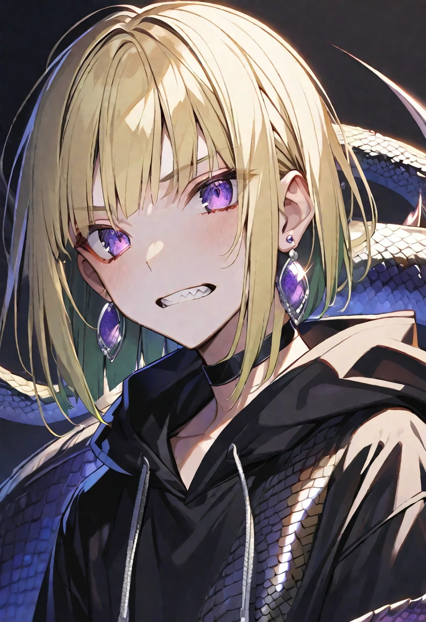 solo, handsome, 
1. male,
Hime cut,Straight Hair,Bob Hair, 
blonde hair, 
Nakano Yotsuba,
purple Eyes,Soft look,beautiful,Sexy,Darkness,Lots of silver earrings,choker,skin,
Dragon Scale,Black hoodie,Jagged teeth,
black  background,