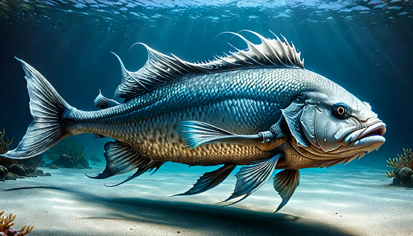 dagon fish lying down, ancient, realistic,