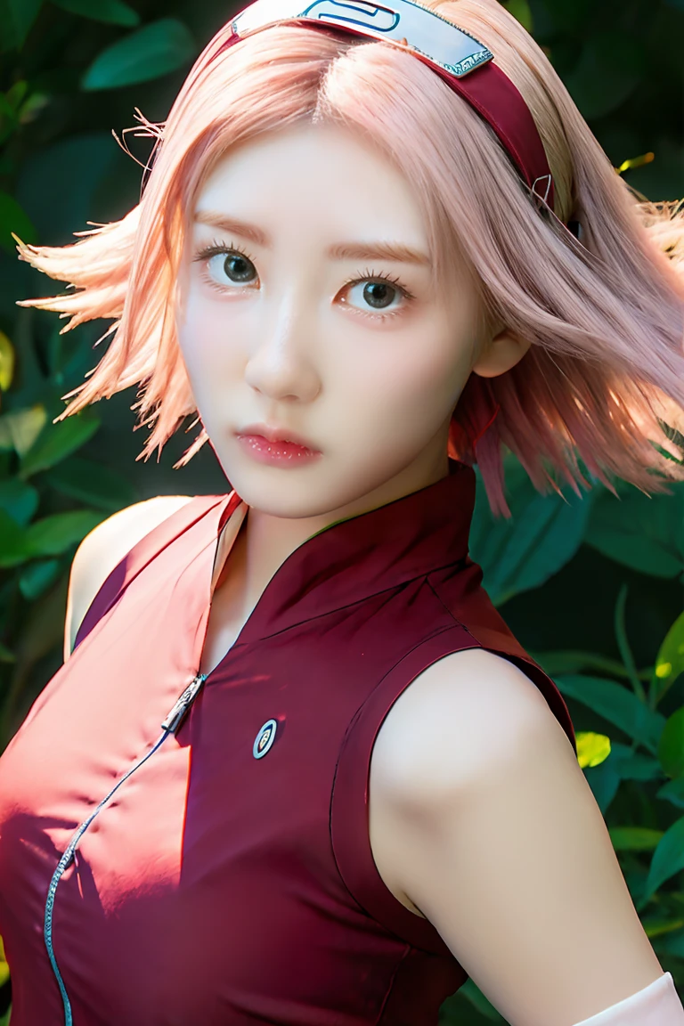 haruno sakura, naruto \(series\), naruto shippuuden, 1girl, accurate konohagakure symbol, bangs, breasts, closed mouth, elbow sleeve, eyes visible through hair, floating hair, forehead protector, foreshortening, green eyes, hair intakes, hairband, looking at viewer, parted bangs, pink hair, red shirt, shirt, short hair, sleeveless, sleeveless shirt, small breasts, solo, upper body, v-shaped eyebrows, ((masterpiece))