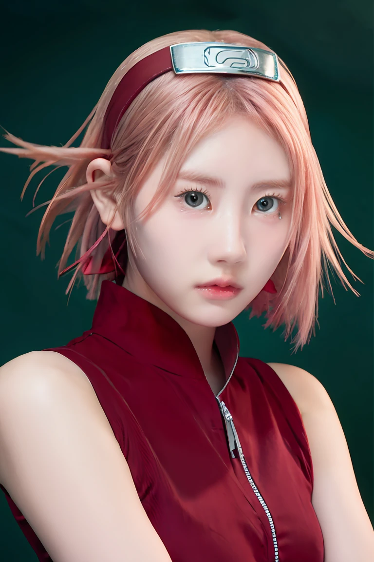 haruno sakura, naruto \(series\), naruto shippuuden, 1girl, accurate konohagakure symbol, bangs, breasts, closed mouth, elbow sleeve, eyes visible through hair, floating hair, forehead protector, foreshortening, green eyes, hair intakes, hairband, looking at viewer, parted bangs, pink hair, red shirt, shirt, short hair, sleeveless, sleeveless shirt, small breasts, solo, upper body, v-shaped eyebrows, ((masterpiece))