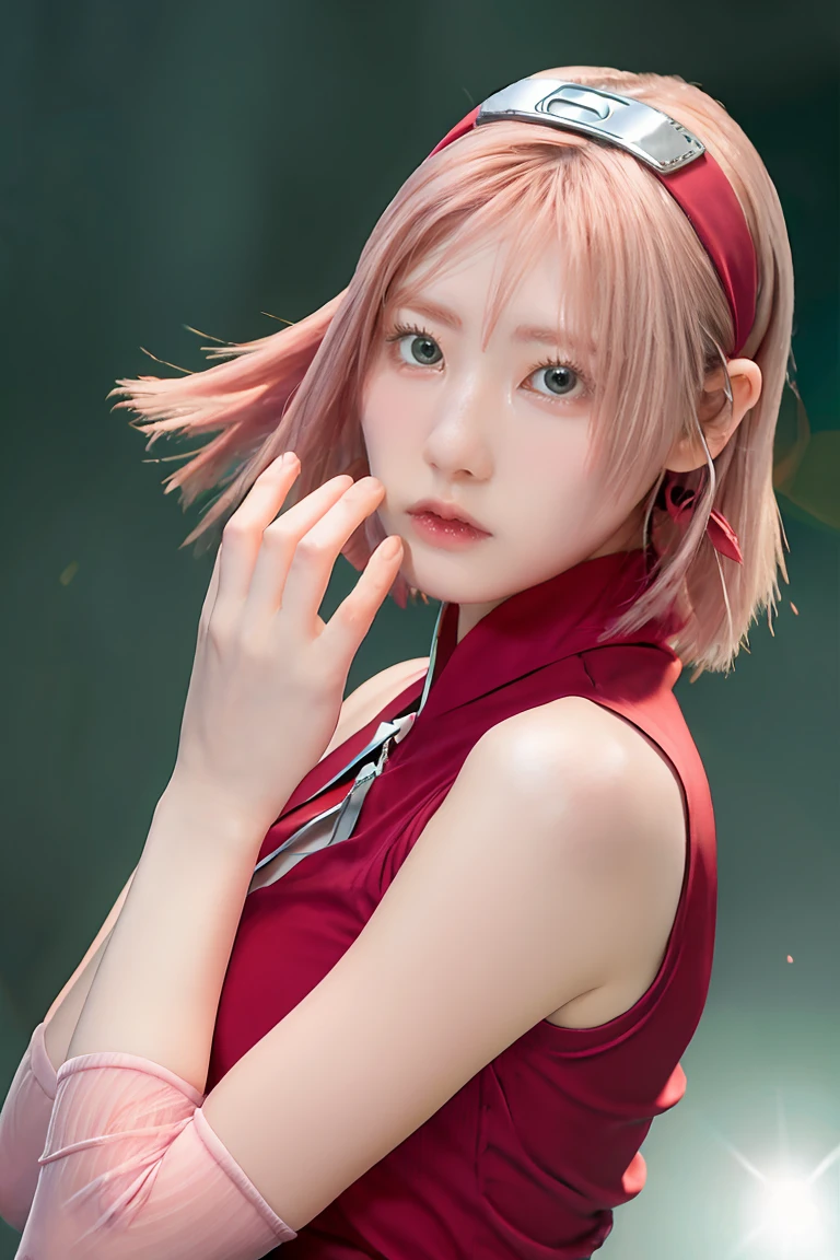 haruno sakura, naruto \(series\), naruto shippuuden, 1girl, accurate konohagakure symbol, bangs, breasts, closed mouth, elbow sleeve, eyes visible through hair, floating hair, forehead protector, foreshortening, green eyes, hair intakes, hairband, looking at viewer, parted bangs, pink hair, red shirt, shirt, short hair, sleeveless, sleeveless shirt, small breasts, solo, upper body, v-shaped eyebrows, ((masterpiece))