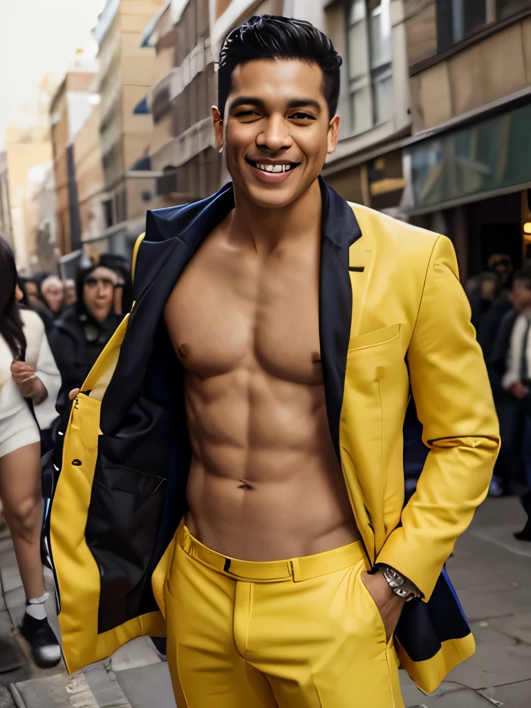 Lenny tevarez goes shirtless in front of crowded people on a City Street.his  touched by the Guy. He gigles. He laugh. The wind blow the coat. He just wear the yellow suit with no Shirt inside. 