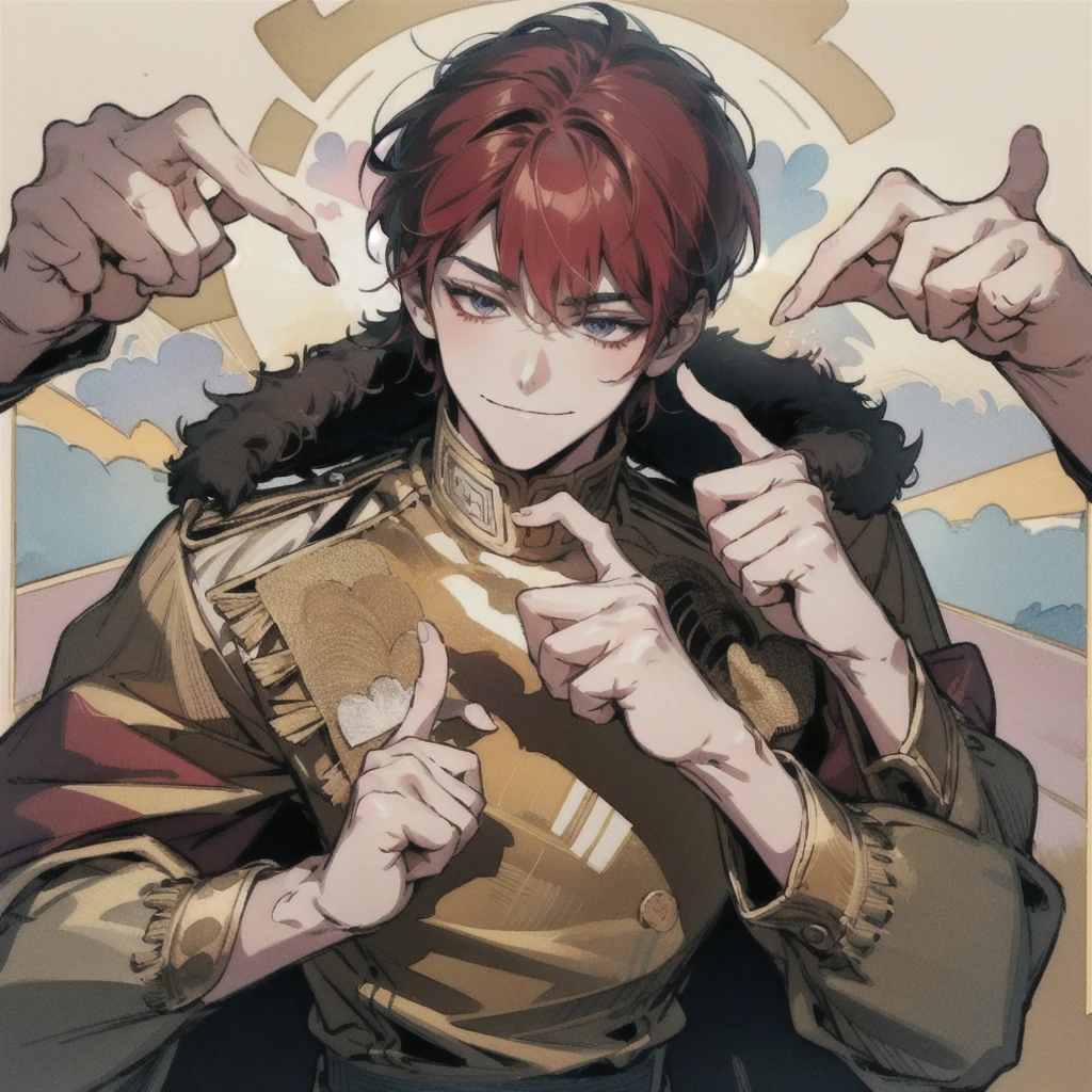 red hair,short hair,clear line drawing, transparent watercolor, clear shading, beautiful young man, slim,finger heart, Fashionable everyday wear, convey love, inner strength, loves it,high quality, Amount to draw, pixiv illustration,smile, {{{man make heart symbol with fingers,make heart symbol with index fingers and middle fingers}}},