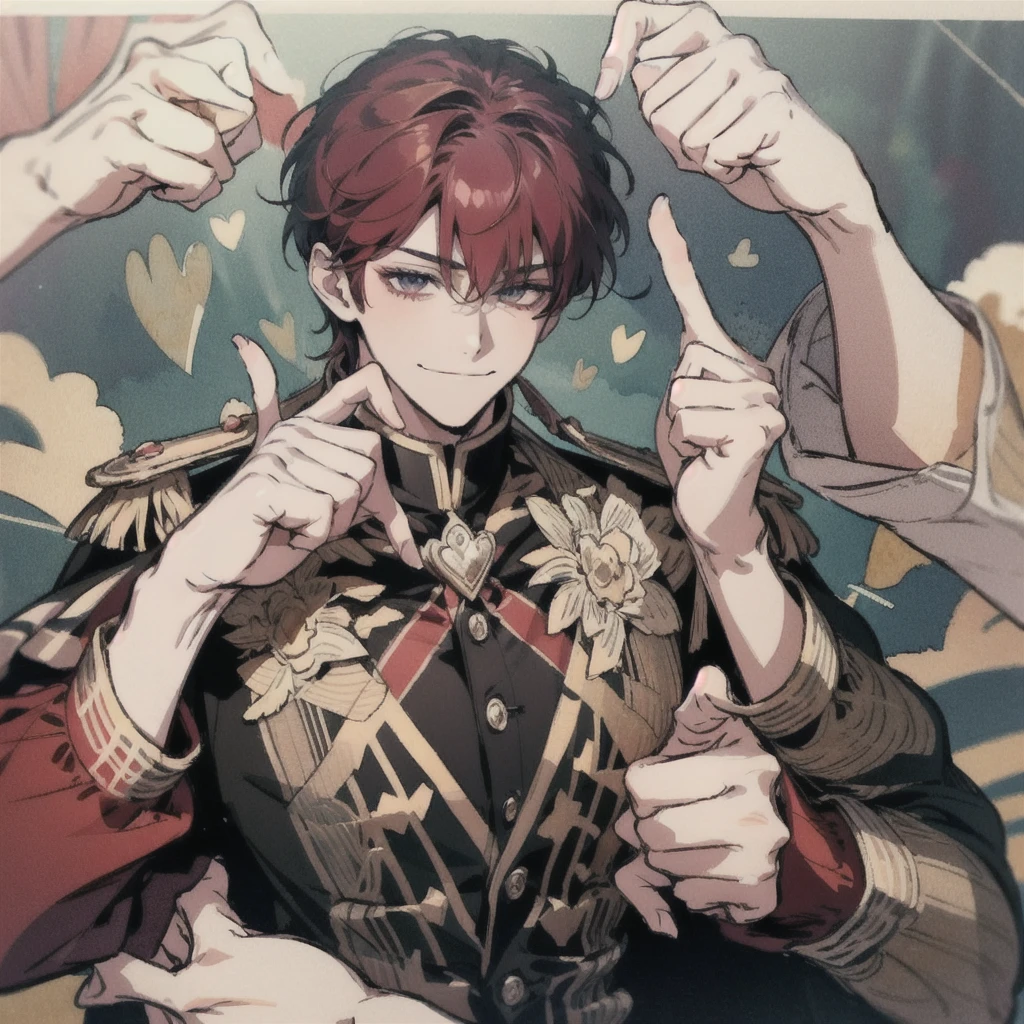 red hair,short hair,clear line drawing, transparent watercolor, clear shading, beautiful young man, slim,finger heart, Fashionable everyday wear, convey love, inner strength, loves it,high quality, Amount to draw, pixiv illustration,smile, {{{man make heart symbol with fingers,make heart symbol with index fingers and middle fingers}}},
