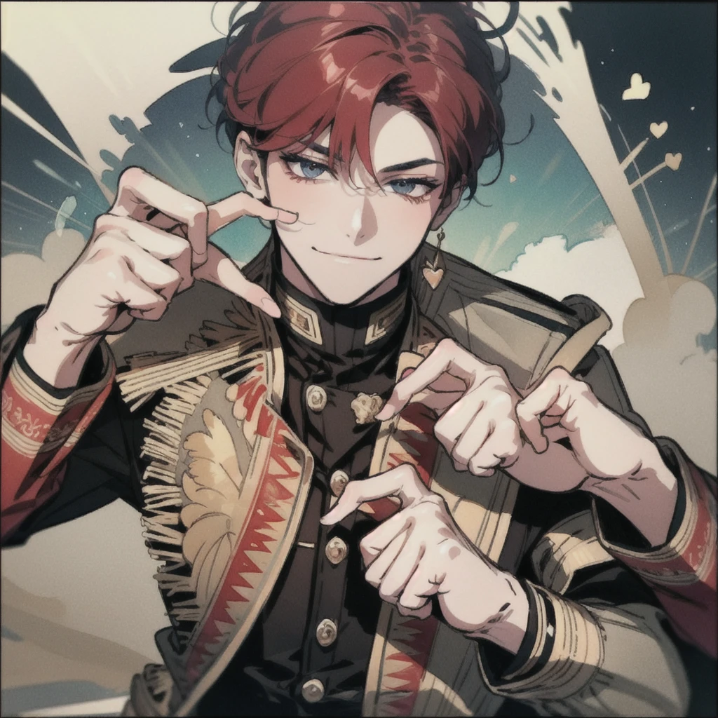 red hair,short hair,clear line drawing, transparent watercolor, clear shading, beautiful young man, slim,finger heart, Fashionable everyday wear, convey love, inner strength, loves it,high quality, Amount to draw, pixiv illustration,smile, {{{man make heart symbol with fingers,make heart symbol with index fingers and middle fingers}}},