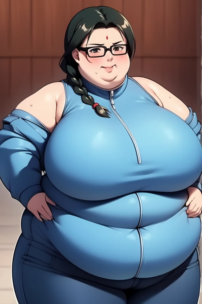 Anime Women, Lady、Black Hair, Forehead、Braid、Glasses、Brown eyes, Very fat、Chubby、Voluptuous、obesity、Double chin、Cheek、Fat-covered neck、Big Breasts、Thick upper arms、Denim jumpsuit、Jumper、Sweat、blush