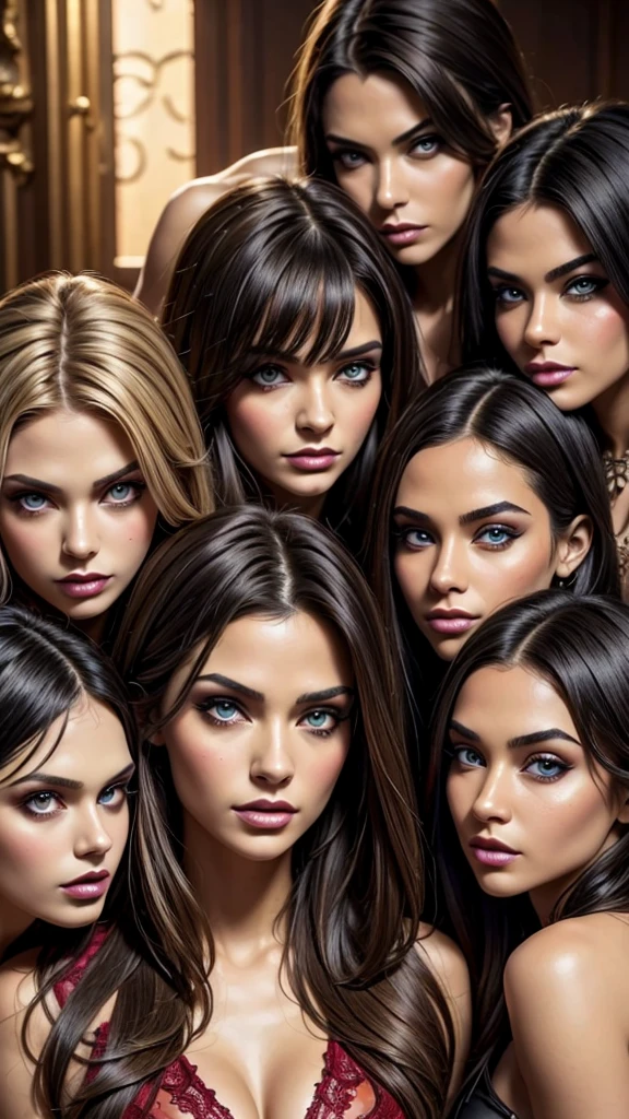 (((masterpiece))), best quality, hyper detailed gouache style painting portrait of a group of beautiful female demons, red/yellow eyes, smooth shadows, hyper realistic textures, 8k, best quality, realistic cartoony features, stylized illustration, smooth shadows, correct anathomy, chromatic aberration, neon highlights, global warm lights, dynamic poses, expressive facial expressions