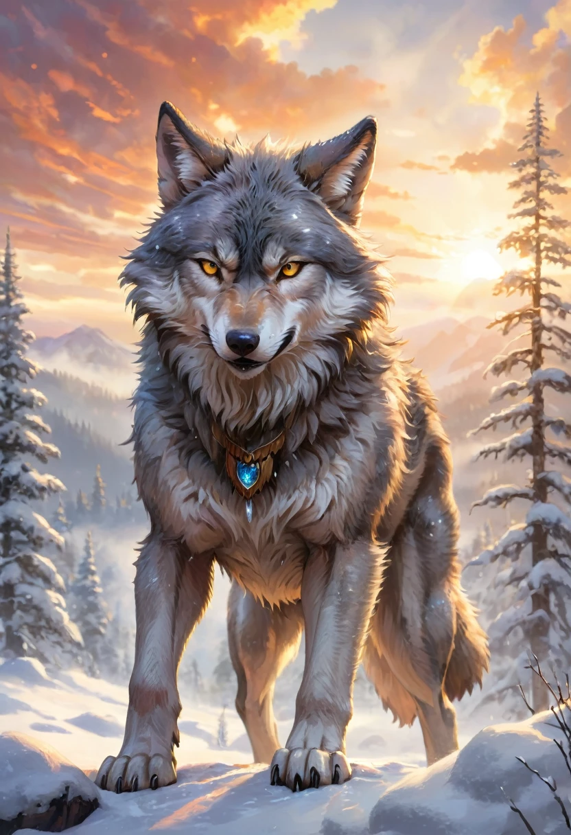 in a snowy, beautiful and ultra detailed landscape a realistic wolf man with sharpened and textured claws tears through the clouds that prevent him from seeing a magnificent sunset