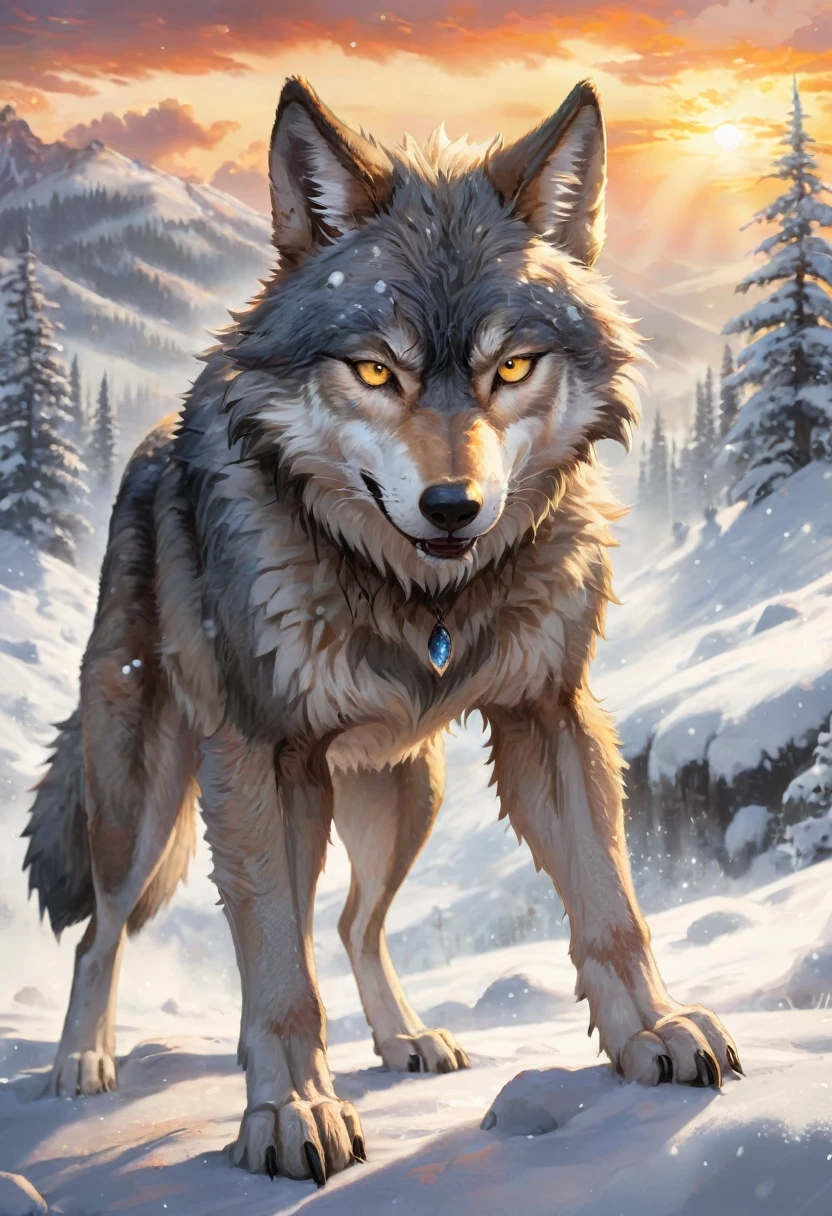 in a snowy, beautiful and ultra detailed landscape a  realistic wolf man with sharpened and textured claws tears through the clouds that prevent him from seeing a magnificent sunset