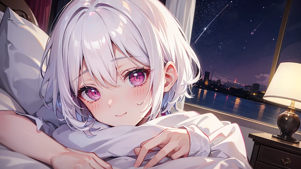 White Hair Girl、Pink Eyes、Short Hair、Only one girl、Night、In the bedroom、Blushing、laughing、Excited、Just One