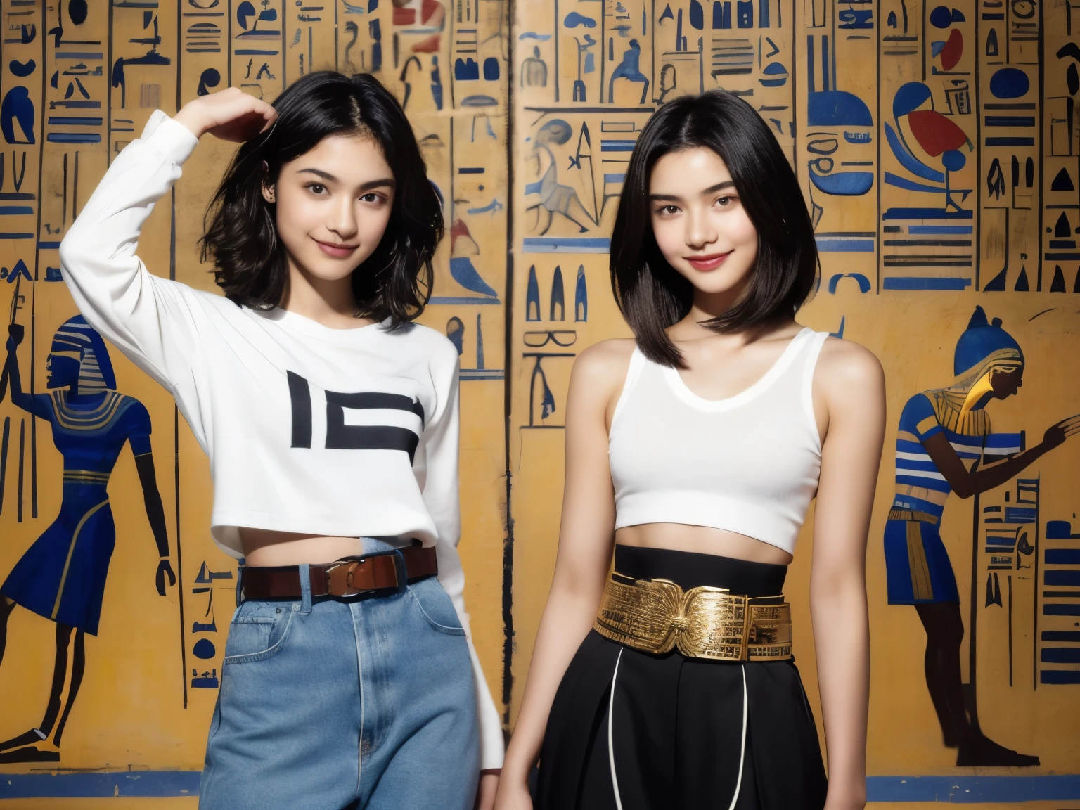 245 Inside the mural2people々々々々々々々(An 18-year-old female and an 18-year-old male), short hair,kind, lipstick, Egyptian civilization, Waist belt, Hieroglyphics, smile