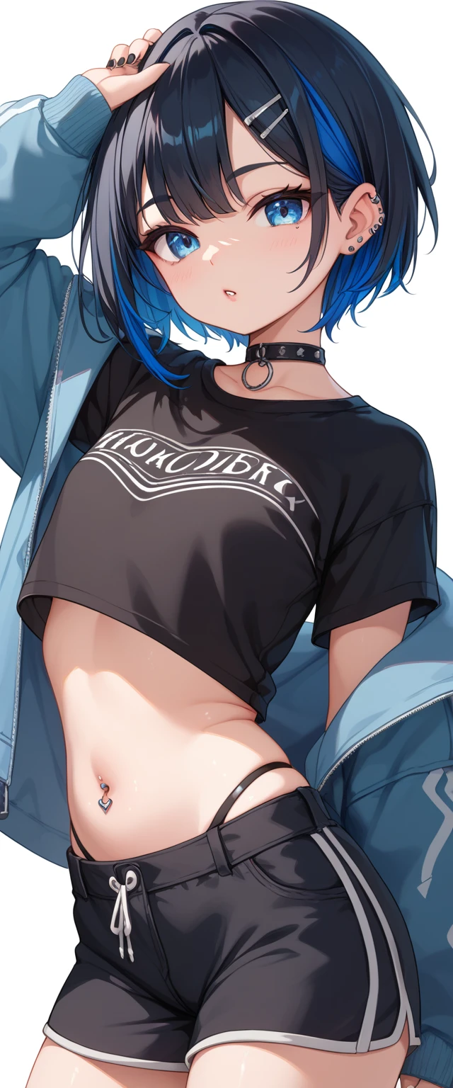 Black Hair Loli、blue eyes、Blue hair mesh、Remove highlights from the eyes、short hair、Three piercings in the right ear、Three piercings in the left ear、Black clothes