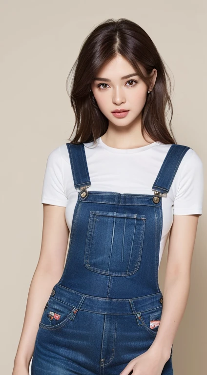 ((midnight, best quality, 8K, masterpiece :1.3)), whole body, Long legs, Clear focus :1.2, Beautiful woman with perfect body :1.4, Slim abdominal muscles :1.1, ((Dark brown hair, Large Breasts :1.2)), (White Tight Tee, Overalls Jeans, permanent:1.2), 