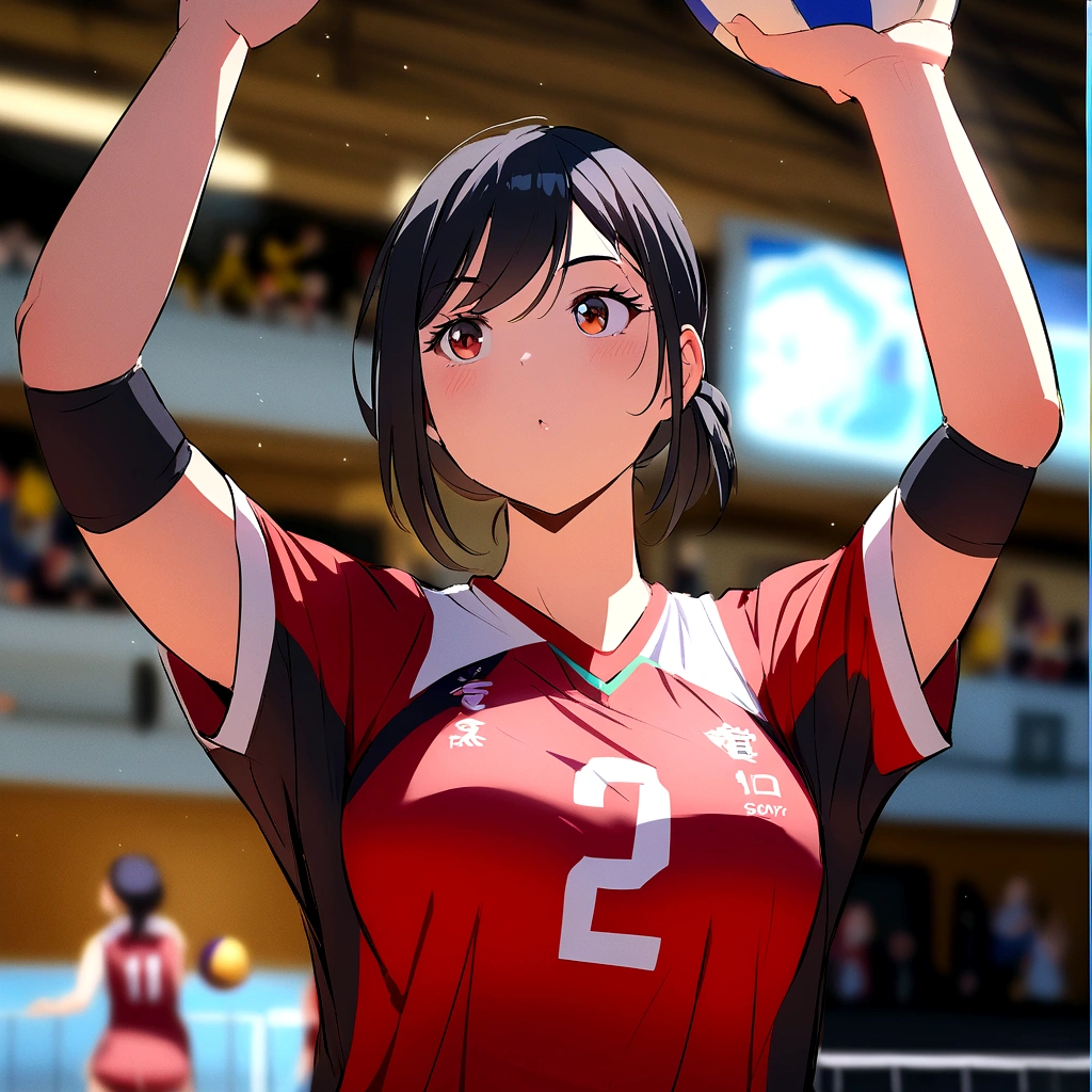 there is a woman that is holding a volleyball ball in her hand, wearing a volleyball jersey, Shot with Sony A7III, kimi takemura, volleyball, Over the shoulder shot