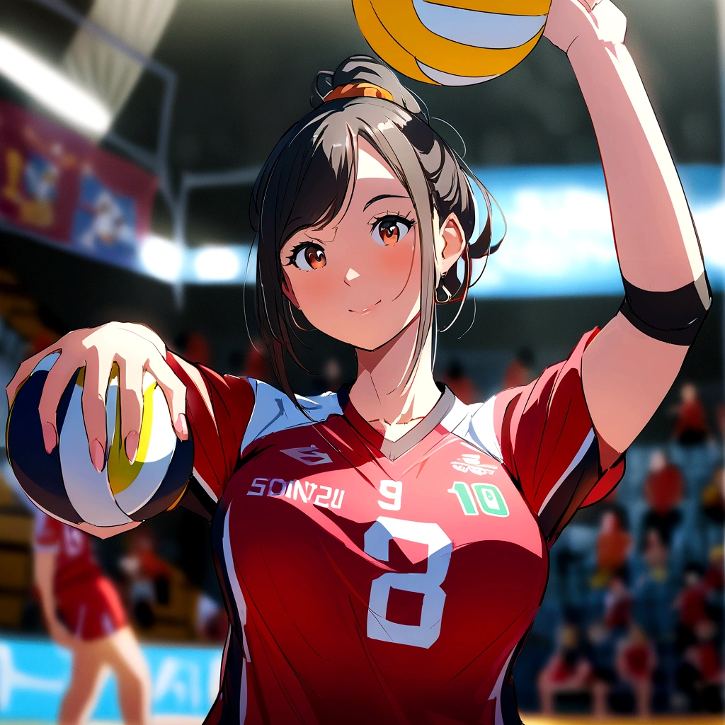 there is a woman that is holding a volleyball ball in her hand, wearing a volleyball jersey, Shot with Sony A7III, kimi takemura, volleyball, Over the shoulder shot