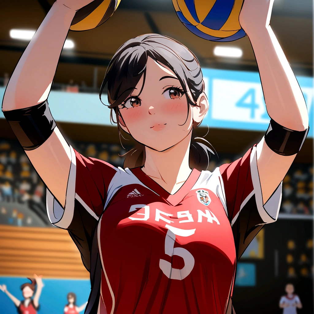 there is a woman that is holding a volleyball ball in her hand, wearing a volleyball jersey, Shot with Sony A7III, kimi takemura, volleyball, Over the shoulder shot