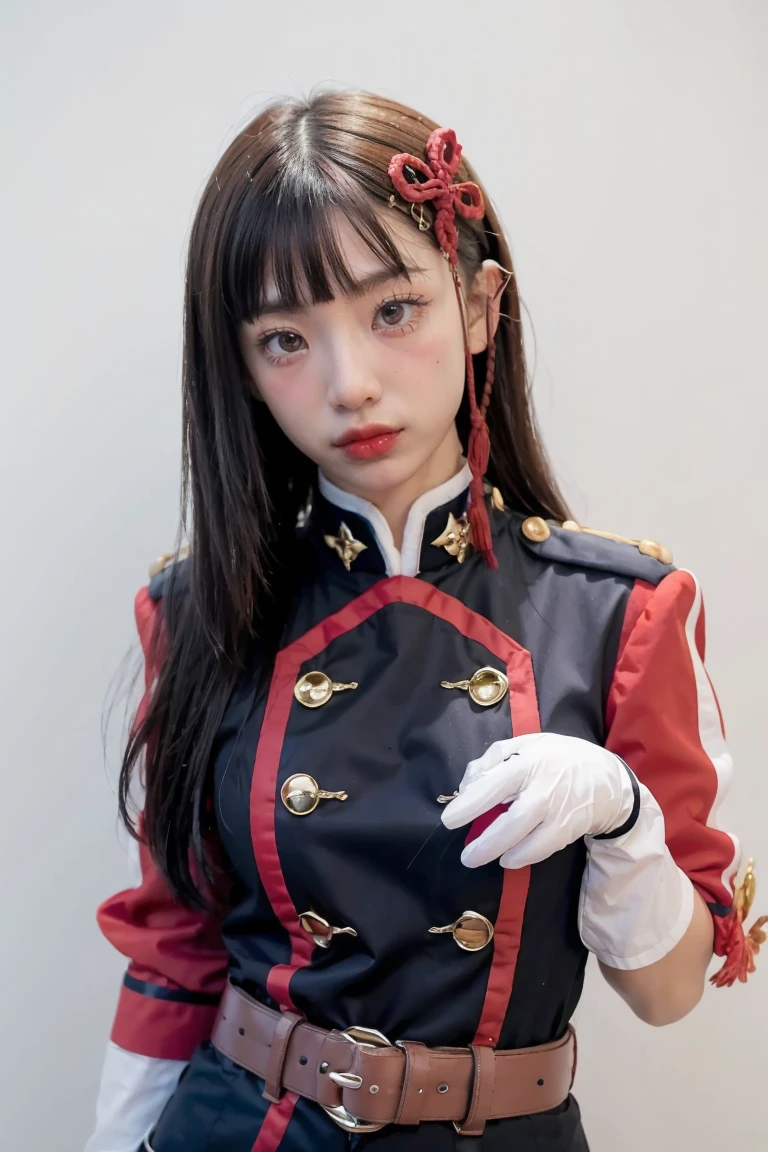 masterpiece, best quality,  1girl, solo, gloves, purple eyes, bangs, white gloves, collar, hair ornament, purple hair, looking at viewer, blunt bangs, closed mouth, long hair, belt, portrait, epaulettes, buckle, hands up, heart, jacket, upper body, short hair, wide-eyed, uniform, white pupils, shiny hair, belt buckle, bright pupils, hyuuga hinata, white background