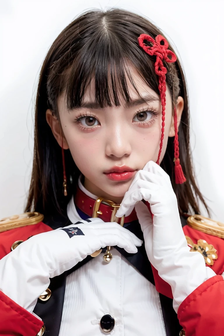 masterpiece, best quality,  1girl, solo, gloves, purple eyes, bangs, white gloves, collar, hair ornament, purple hair, looking at viewer, blunt bangs, closed mouth, long hair, belt, portrait, epaulettes, buckle, hands up, heart, jacket, upper body, short hair, wide-eyed, uniform, white pupils, shiny hair, belt buckle, bright pupils, hyuuga hinata, white background