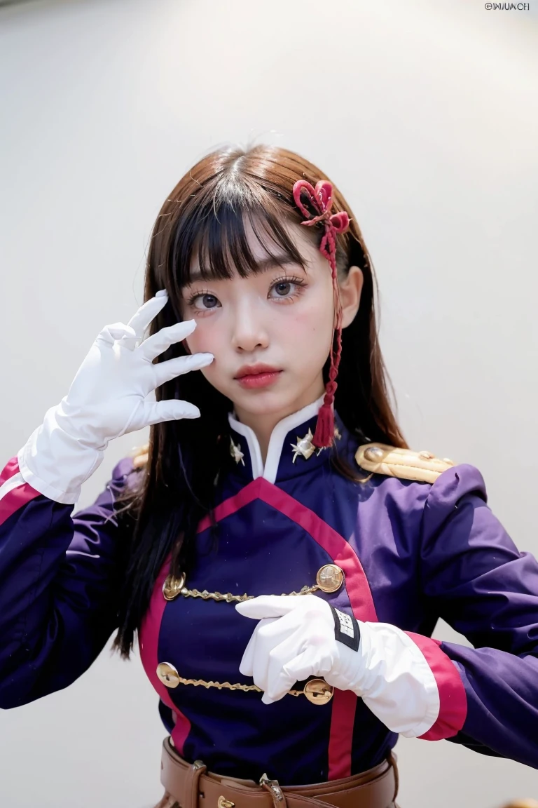 masterpiece, best quality,  1girl, solo, gloves, purple eyes, bangs, white gloves, collar, hair ornament, purple hair, looking at viewer, blunt bangs, closed mouth, long hair, belt, portrait, epaulettes, buckle, hands up, heart, jacket, upper body, short hair, wide-eyed, uniform, white pupils, shiny hair, belt buckle, bright pupils, hyuuga hinata, white background