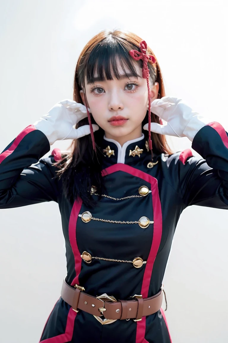 masterpiece, best quality,  1girl, solo, gloves, purple eyes, bangs, white gloves, collar, hair ornament, purple hair, looking at viewer, blunt bangs, closed mouth, long hair, belt, portrait, epaulettes, buckle, hands up, heart, jacket, upper body, short hair, wide-eyed, uniform, white pupils, shiny hair, belt buckle, bright pupils, hyuuga hinata, white background