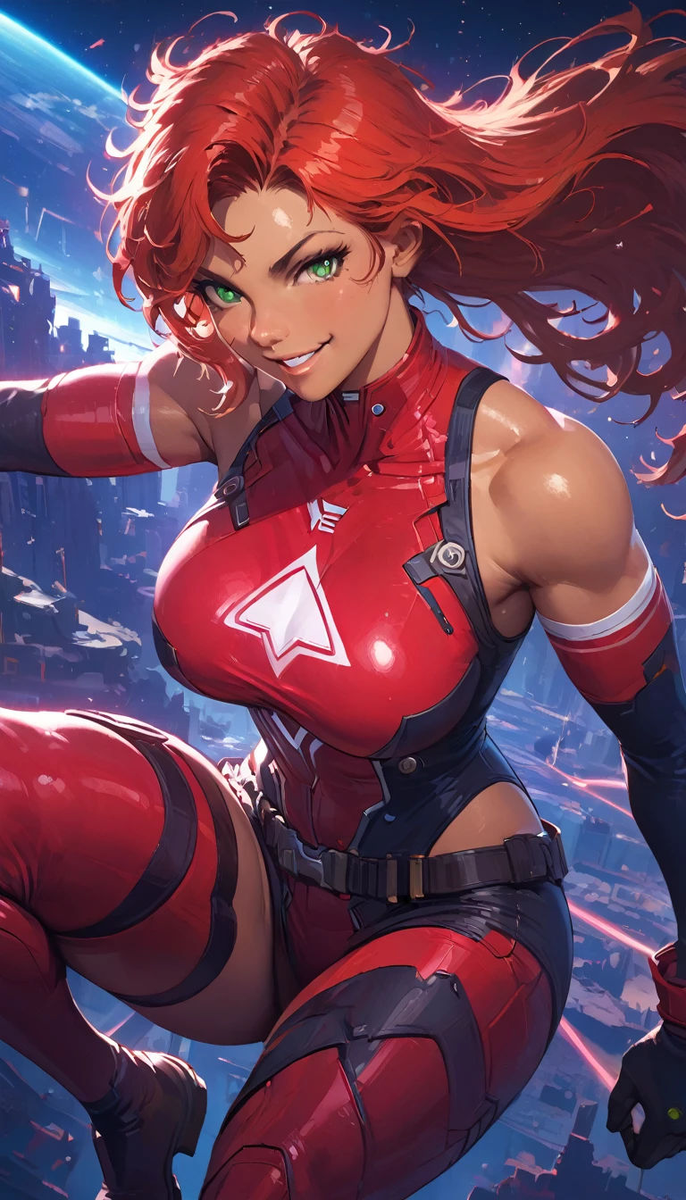 best quality,4k,8k,highres,masterpiece:1.2),ultra-detailed, extremely detailed eyes, extremely detailed body, (large masterpiece digital art), (detailed manga illustration), (detailed line art), ((perfect anatomy)), (intricate details:1.3), (ultra-detailed:1.3), (illustration:1.3), (sharp focus:1.3), (natural lighting:1.05), (vivid colors:1.3), (masterpiece), (best quality:1.4), (perfect anatomy:1.4), high quality, expressive eyes, full body, detailed face, beautiful face, perfect face, 1 girl, breasts, cleavage, gloves, large breasts, cyberpunk clothes, jacket, black jacket, very long hair, thigh length hair, ({dark skin}), dark-skinned female ,detailed ((red hair)), messy hair, green eyes, hourglass physique, bodysuit, ultramarine bodysuit, sleeveless, shorts, thick thighs, toned, captain marvel emblem, emblem, superhero, dynamic lighting, cinematic lighting, dynamic heroic pose, smiling, outer space background, curvy, Atey Ghailan, Jeremy Mann, Greg Manchess, Antonio Moro, trend in ArtStation, trend in CGSociety, Intricate, High Detail, Sharp focus, dramatic and photorealistic painting art by Midjourney and Greg Rutkowski, Jeff Bridges, ((cartoon style)), Marvel Cinematic Universe style