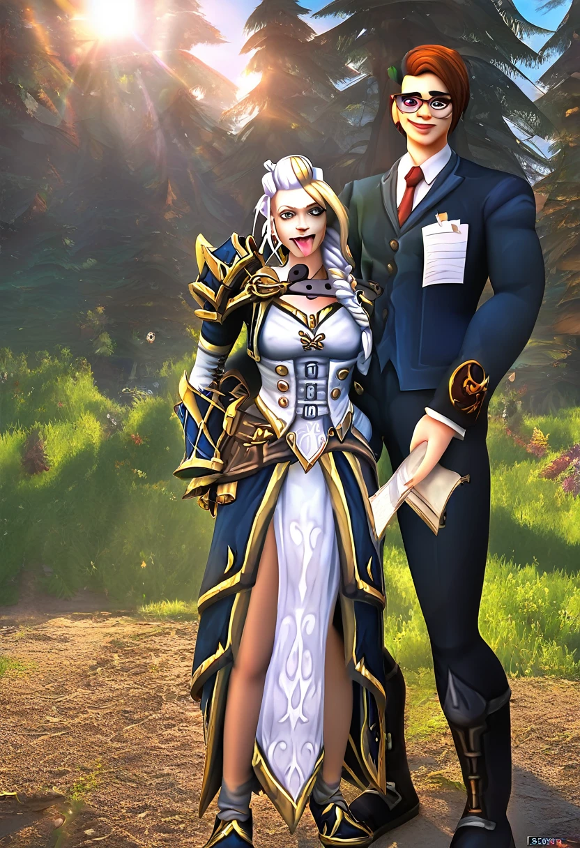 Jaina proudmoore, beautiful girl, (((((small)))), showing face, protruding tongue, short hair, brown, 8k, professional photography, delicate, clear, in the forest, sun, light leakage, masterpiece, (beautiful)))), (reality)))), smile, fantastic, angel, young, k pop clothes, full height