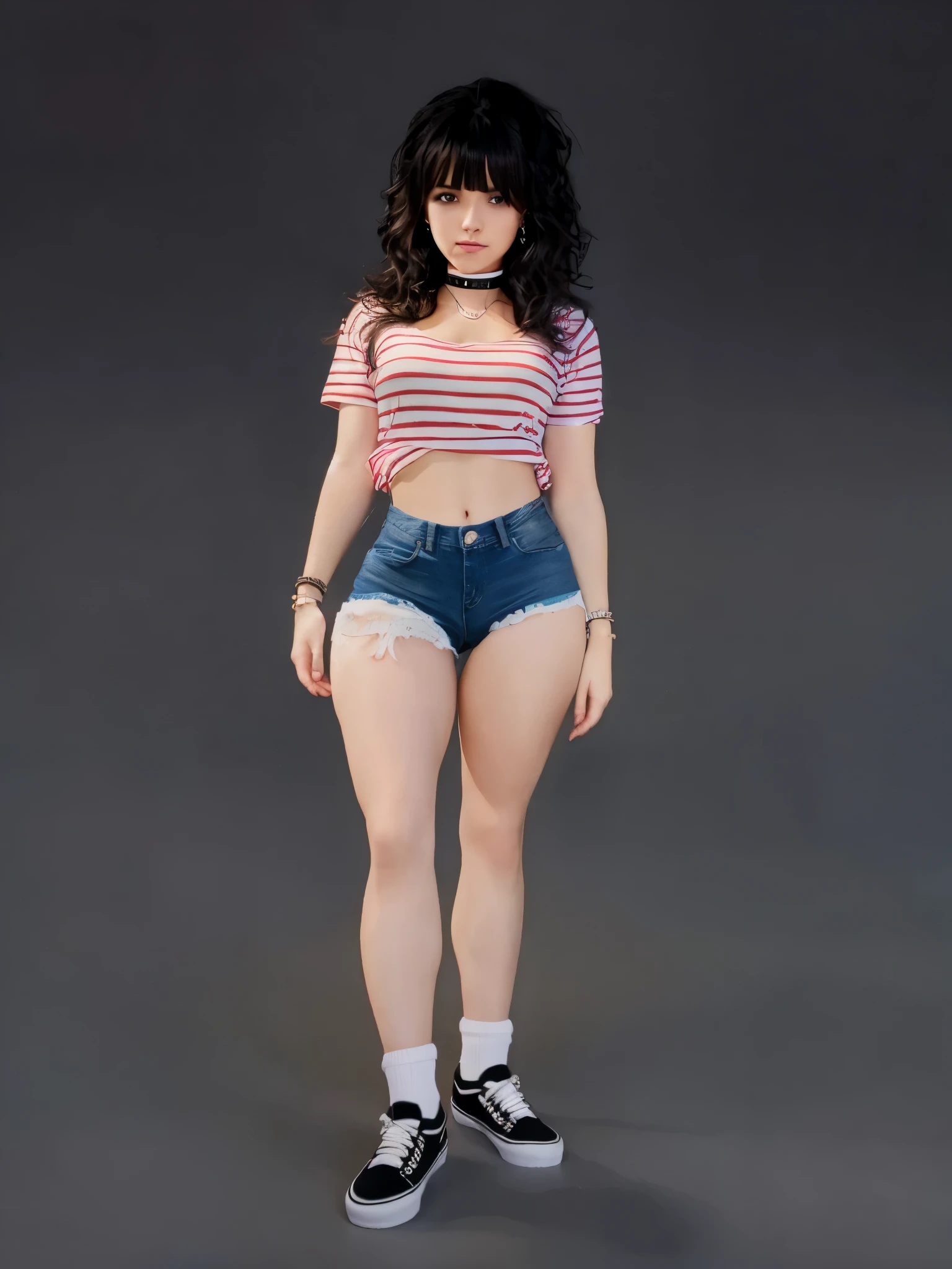  girl sexy realistic, fringe hair realistic, face sweet realistic wearing realistic t-shirt, realistic shorts denim, realistic ankle white socks, realistic vans shoes uses choker and bracelets realistic details.