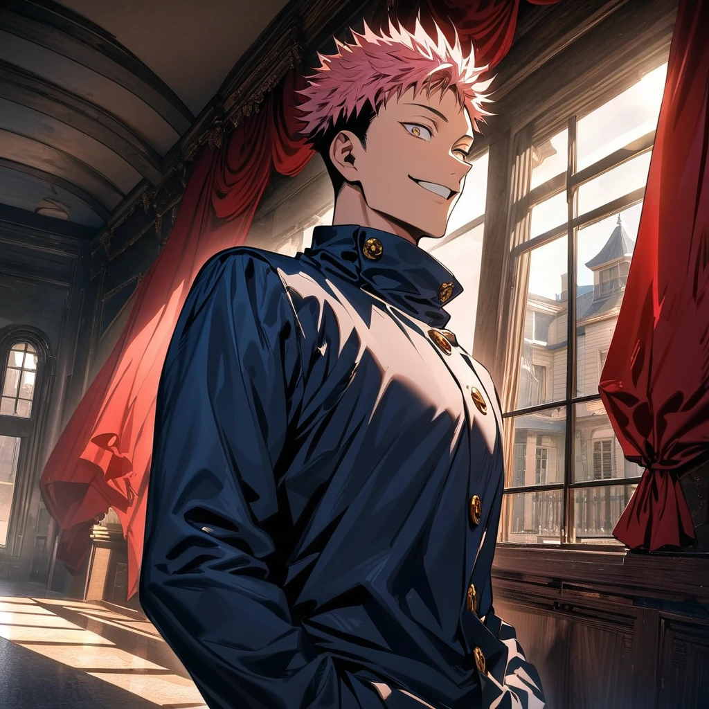 Ultra detailed, Highres, absurdres, HDR, Itadori Yuji, pink hair, light brown eyes, dark blue jacket with red collared high neck with golden colour buttons, white t-shirt, Jujutsu Kaisen, smiling, handsome, mansion, 1 man only, window, red curtains,