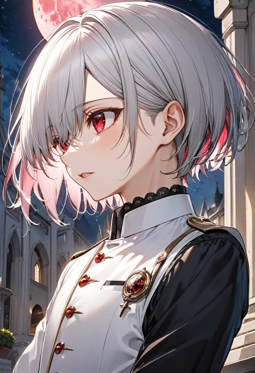 (profile:2 close-up face), ((16 yo)), (solo:2 crew cut silver hair very short hair divine cool boy, detailed red eyes, Confusion face, flat chest), break, (in a butler suit), break, (in the Chapel Terrace), (background detailed biggest pink moon), BREAK, perfect anatomy, masterpiece, best quality, 16k, beautiful detailed night, daydreaming expression.