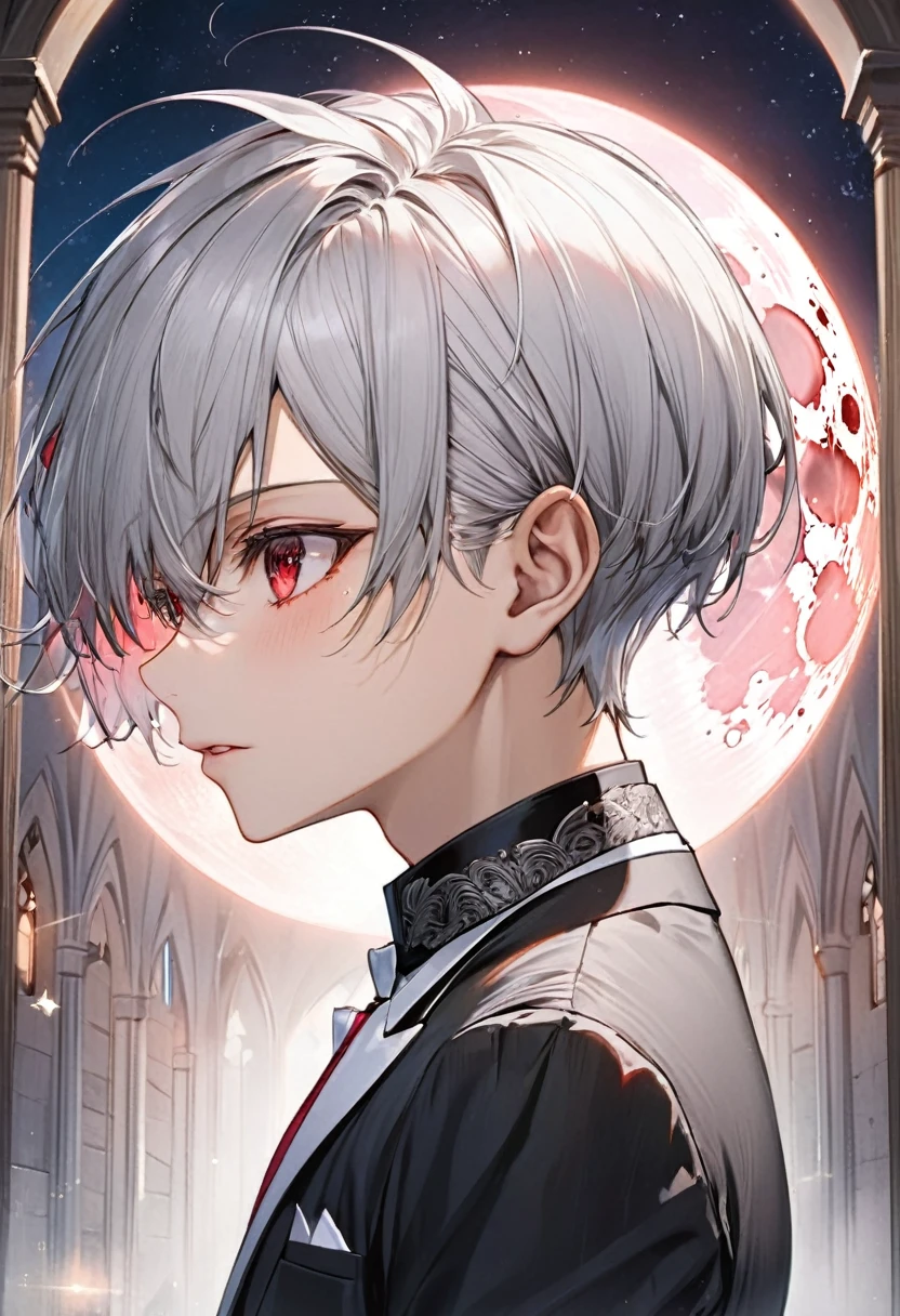 (profile:2 close-up face), ((16 yo)), (solo:2 crew cut silver hair very short hair divine cool boy, detailed red eyes, Confusion face, flat chest), break, (in a butler suit), break, (in the Chapel Terrace), (background detailed biggest pink moon), BREAK, perfect anatomy, masterpiece, best quality, 16k, beautiful detailed night, daydreaming expression.