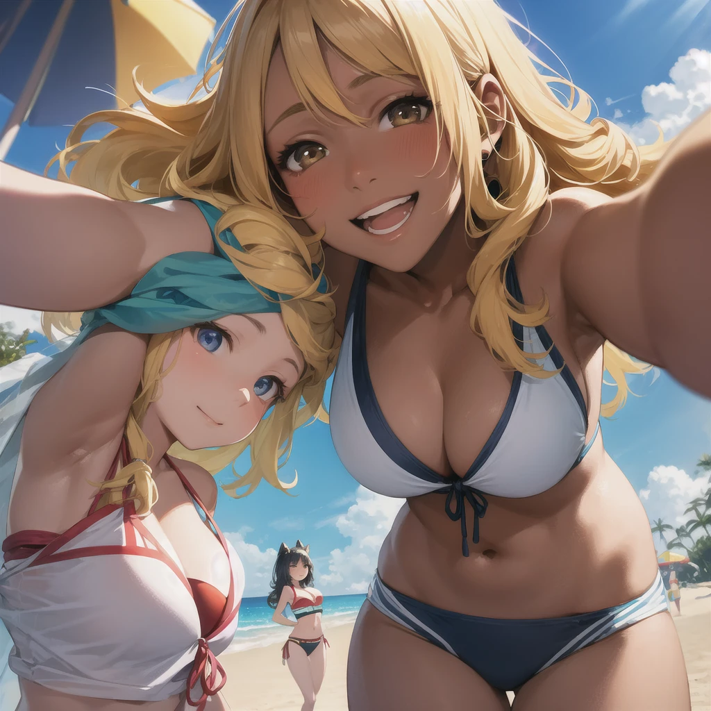 Realistic, 3 beautiful Japanese gals, Selfie, Face Enhancement, Face Zoom, Big smile, Long blonde hair, Wavy Hair, Dark Skin, Beach, bikini, Looking up from below