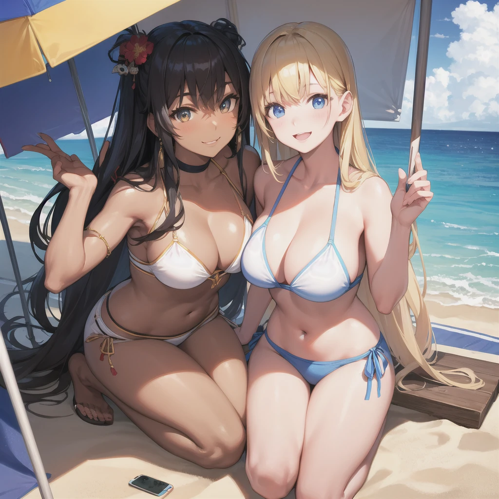 Realistic, 3 beautiful Japanese gals, Selfie, Face Enhancement, Face Zoom, Big smile, Long blonde hair, Wavy Hair, Dark Skin, Beach, bikini, Looking up from below