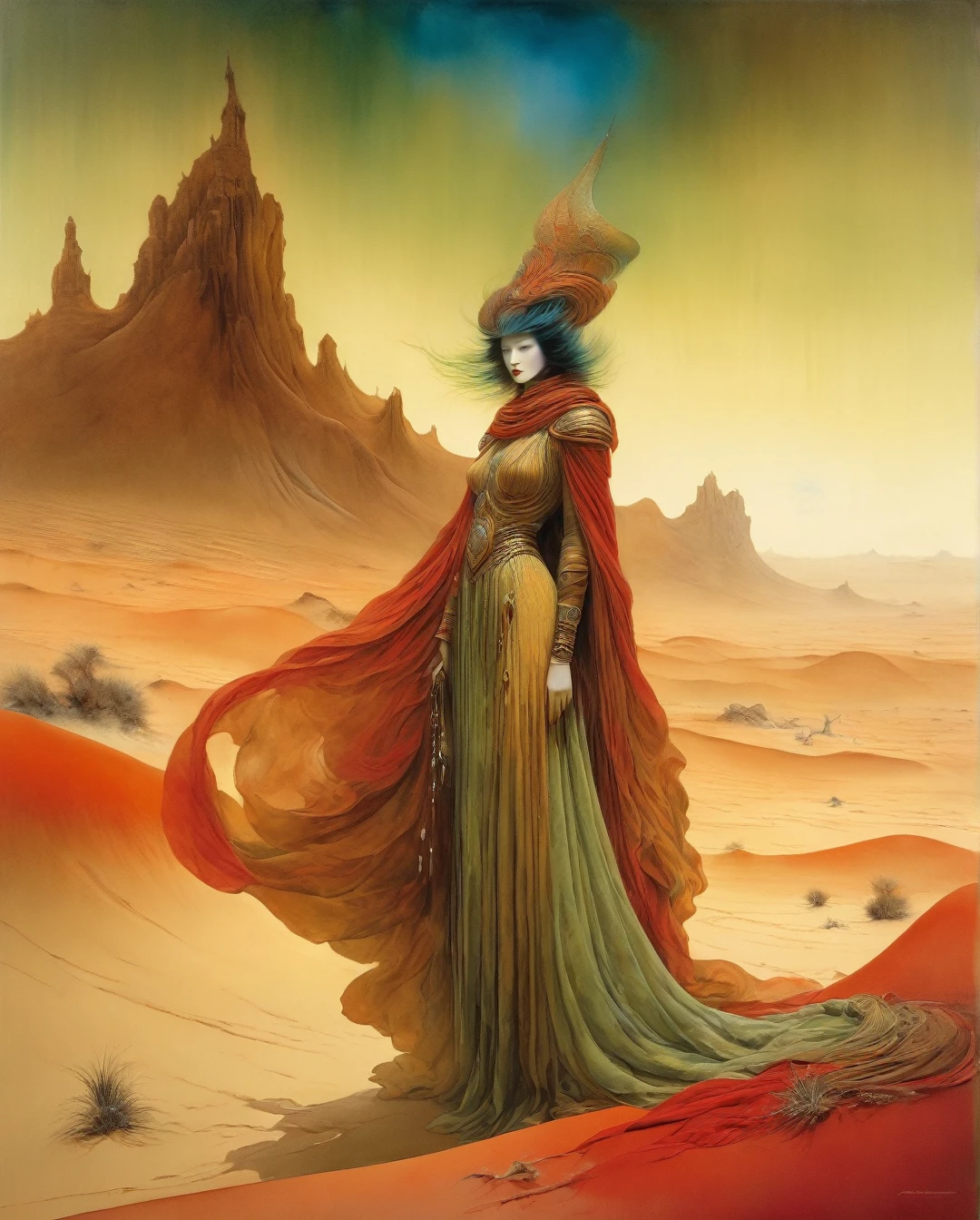 "In the style of Nicola Samorì.", A surrealist scene set on an alien planet. The setting is a mysterious desert with towering sand dunes. A tall, elegant female in flowing ancient robes stands alongside a tall, strong warrior in elaborate armor. The mood is ethereal and ghostly. The palette includes rich earthy tones of reds, browns, ochres, blues, yellows, and greens. The brushstrokes are bold and varied. Floating above the scene are ghostly figures of legendary creatures from mythology...... (best quality,4k,8k,highres,masterpiece:1.2),ultra-detailed,(realistic,photorealistic,photo-realistic:1.37),alternative reality,telepathic,psychic powers,mind reading,third eye,mind bending,intense gazing,parallel universe,Yoshitaka Amano style,dreamlike,fantasy,vivid colors,soft lighting