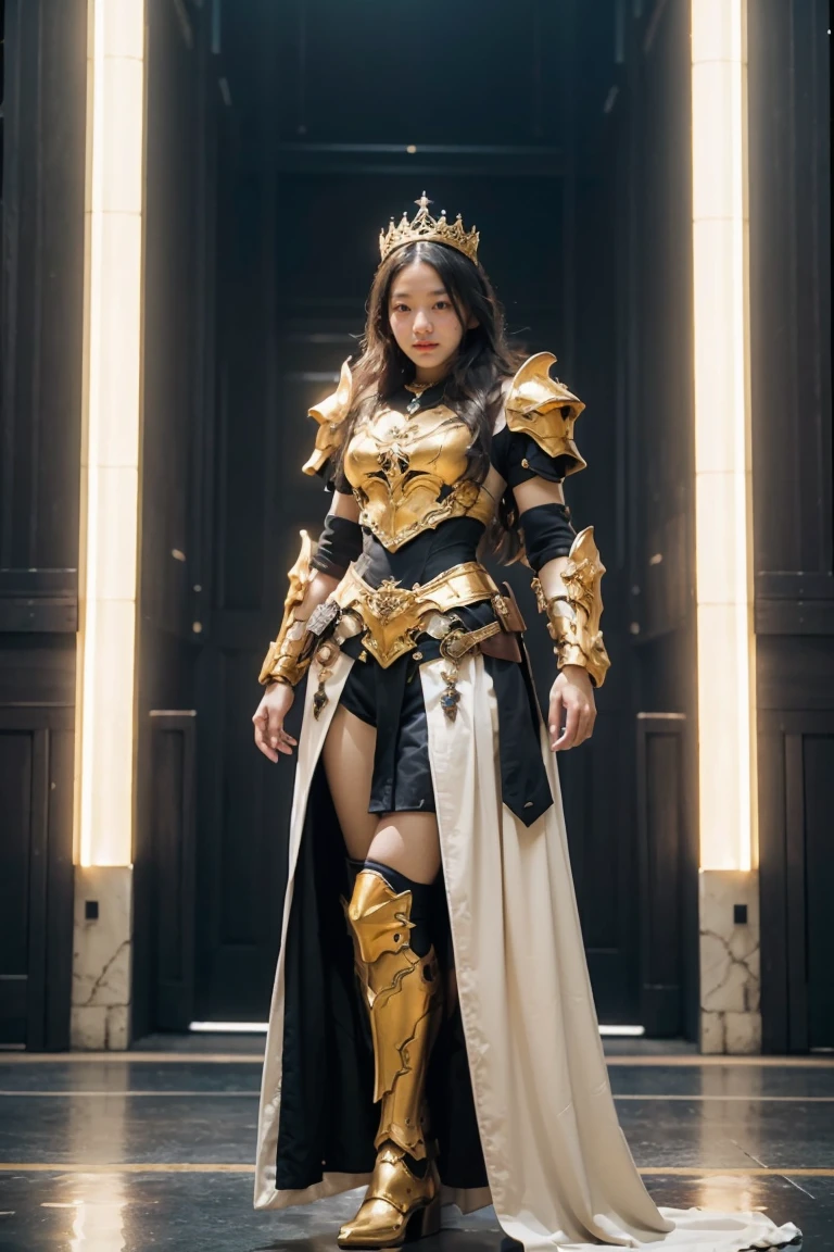 A woman adorned in fantasy-style full-body armor, a crown-concept fully enclosed helmet that unveils only her eyes, a composite layered chest plate, fully encompassing shoulder and hand guards, a lightweight waist armor, form-fitting shin guards, the overall design is heavy-duty yet flexible, ((the armor gleams with a golden glow, complemented by red and blue accents)), exhibiting a noble aura, she floats above a fantasy-surreal high-tech city, this character embodies a finely crafted fantasy-surreal style armored hero in anime style, exquisite and mature manga art style, (Queen bee mixed with Spider concept Armor), ((Nordic, elegant, goddess, femminine:1.5)), metallic, high definition, best quality, highres, ultra-detailed, ultra-fine painting, extremely delicate, professional, anatomically correct, symmetrical face, extremely detailed eyes and face, high quality eyes, creativity, RAW photo, UHD, 32k, Natural light, cinematic lighting, masterpiece-anatomy-perfect, masterpiece:1.5