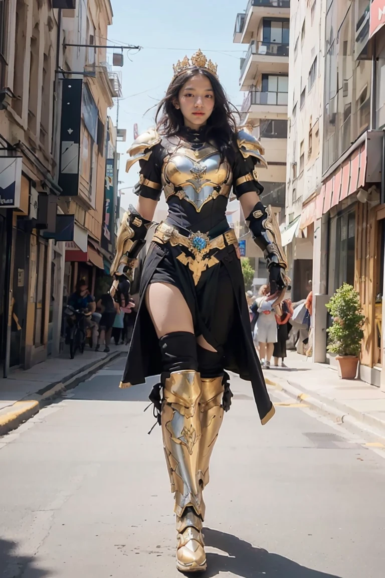 A woman adorned in fantasy-style full-body armor, a crown-concept fully enclosed helmet that unveils only her eyes, a composite layered chest plate, fully encompassing shoulder and hand guards, a lightweight waist armor, form-fitting shin guards, the overall design is heavy-duty yet flexible, ((the armor gleams with a golden glow, complemented by red and blue accents)), exhibiting a noble aura, she floats above a fantasy-surreal high-tech city, this character embodies a finely crafted fantasy-surreal style armored hero in anime style, exquisite and mature manga art style, (Queen bee mixed with Spider concept Armor), ((Nordic, elegant, goddess, femminine:1.5)), metallic, high definition, best quality, highres, ultra-detailed, ultra-fine painting, extremely delicate, professional, anatomically correct, symmetrical face, extremely detailed eyes and face, high quality eyes, creativity, RAW photo, UHD, 32k, Natural light, cinematic lighting, masterpiece-anatomy-perfect, masterpiece:1.5