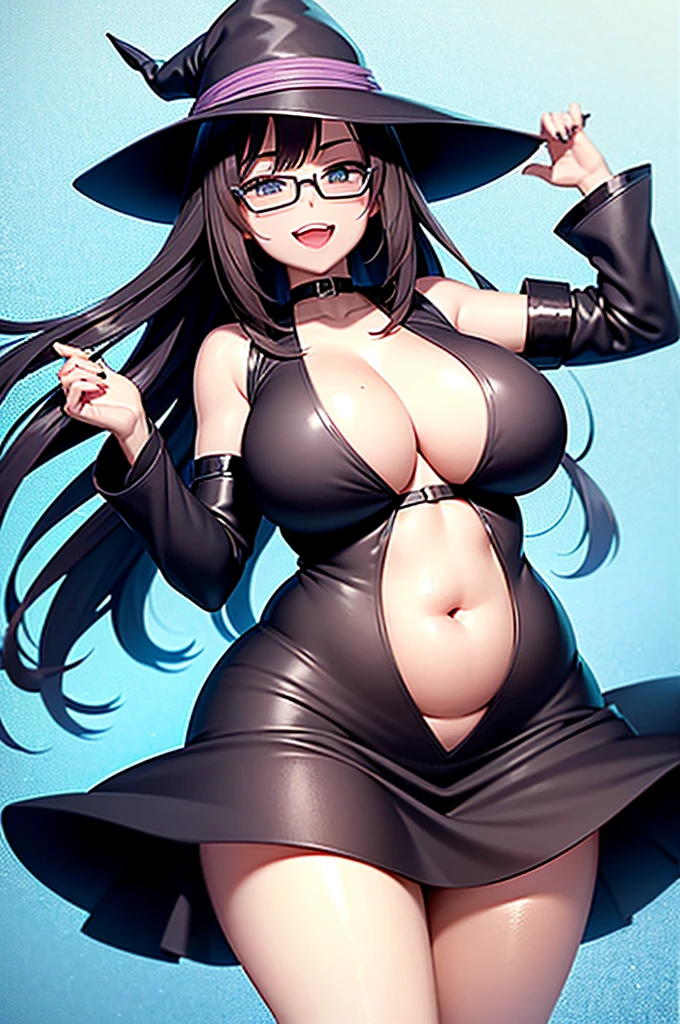 最high quality, high quality, 8k、High resolution,Highest quality、solo、Open Mouth Smile、An anime character dressed in black clothing, wearing a black hat and glasses, Frivolous anime witch casting a spell, A strong and plump female magician, , chic, She has a plump, round belly, Anime Moe Art Style, Cute Witch, I also make fan art, Sky Witch, Her belly is fat and round