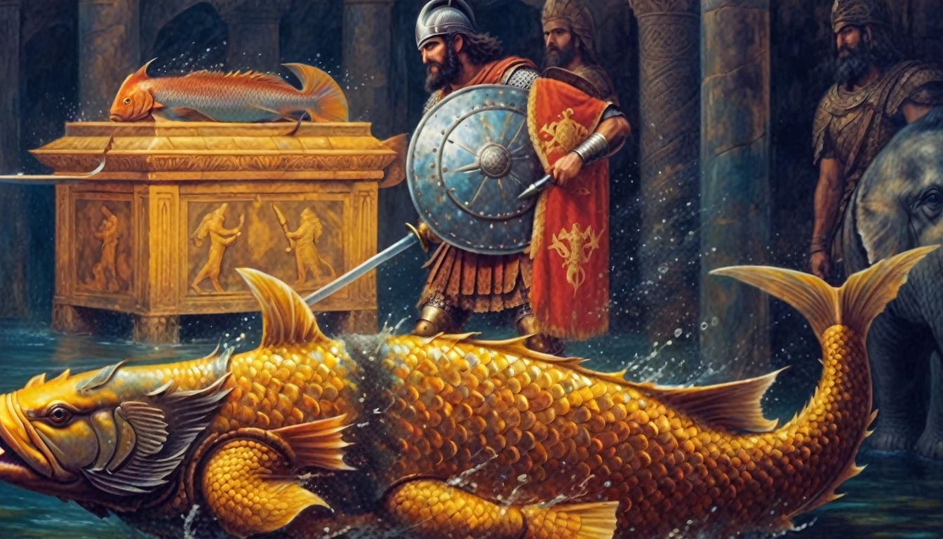 there is a painting of a man in armor holding a sword and a fish, historical artistic depiction, epic biblical depiction, brutal depiction, ancient mesopotamian warrior, elephantine armored knight, by John Moonan, trojan war, lie on a golden stone, by Bernard Meninsky, sumerian, painting of goliath, gilgamesh, by Edwin Georgi