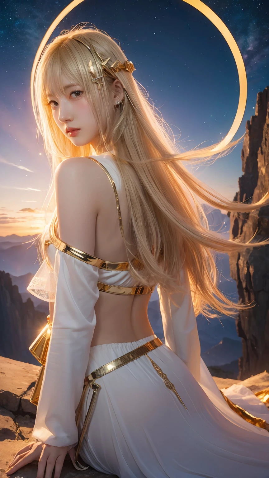 ((masterpiece, best quality, extremely detailed), volumetric lighting, ambient occlusion, colorful, glowing), 1girl, solo, young girl, (blonde hair), long hair, halo, aura, sacred, goddess, cleric suit, (white outfit with gold detailst:1.3), armor, outdoors, sunset, sky, clouds, space, (fantasy theme:1.2),