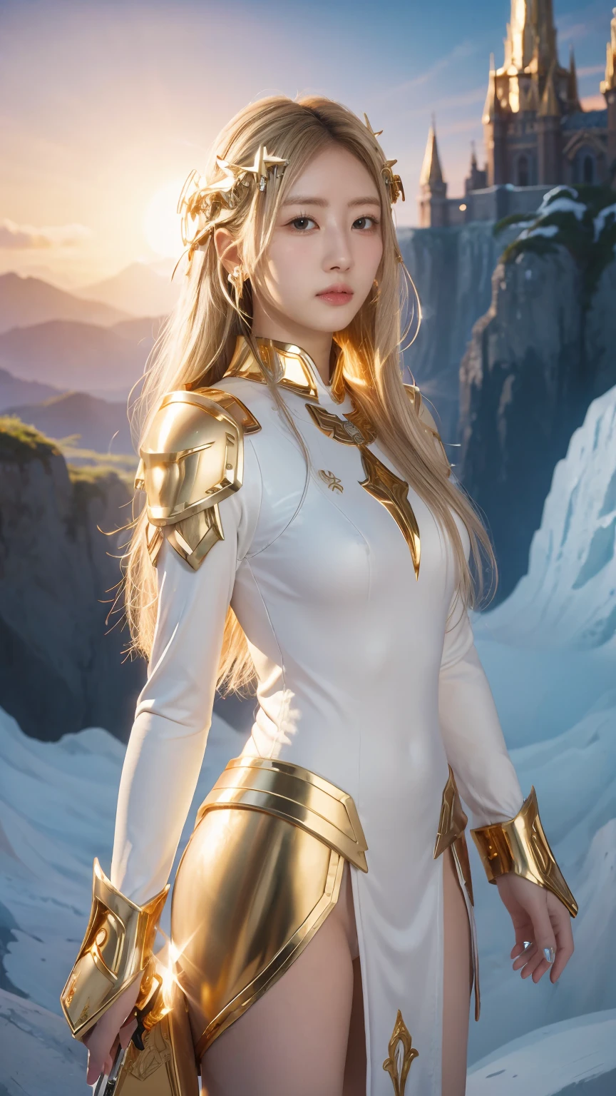 ((masterpiece, best quality, extremely detailed), volumetric lighting, ambient occlusion, colorful, glowing), 1girl, solo, young girl, (blonde hair), long hair, halo, aura, sacred, goddess, cleric suit, (white outfit with gold detailst:1.3), armor, outdoors, sunset, sky, clouds, space, (fantasy theme:1.2),