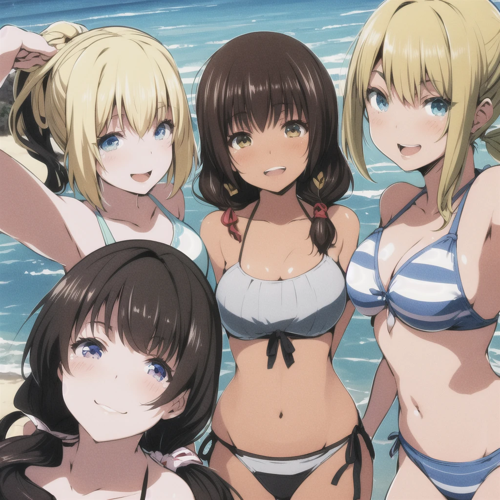 Realistic, 3 beautiful Japanese gals, Selfie, Face Enhancement, Face Zoom, Big smile, Long blonde hair, Wavy Hair, Dark Skin, Beach, bikini, Looking up from below