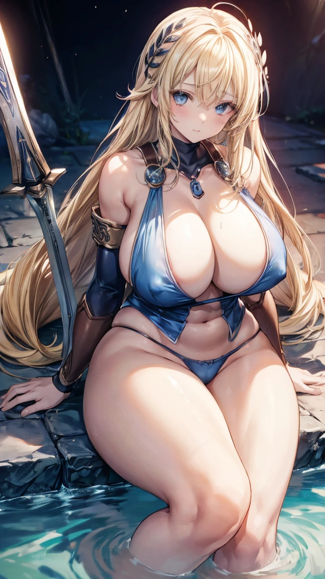sensual, long blonde hair, thick thighs, 8K, 4K, highest quality, High resolution:1.2), cute anime face, noise reduction, shining blue eyes, gentle smile, Gentle eyes、toned abdominal muscles, muscular arms, muscular legs, young face, anime eyes, (((big breasts、Breasts that are about to burst)))、sophitia、sword、shield、((whole body))