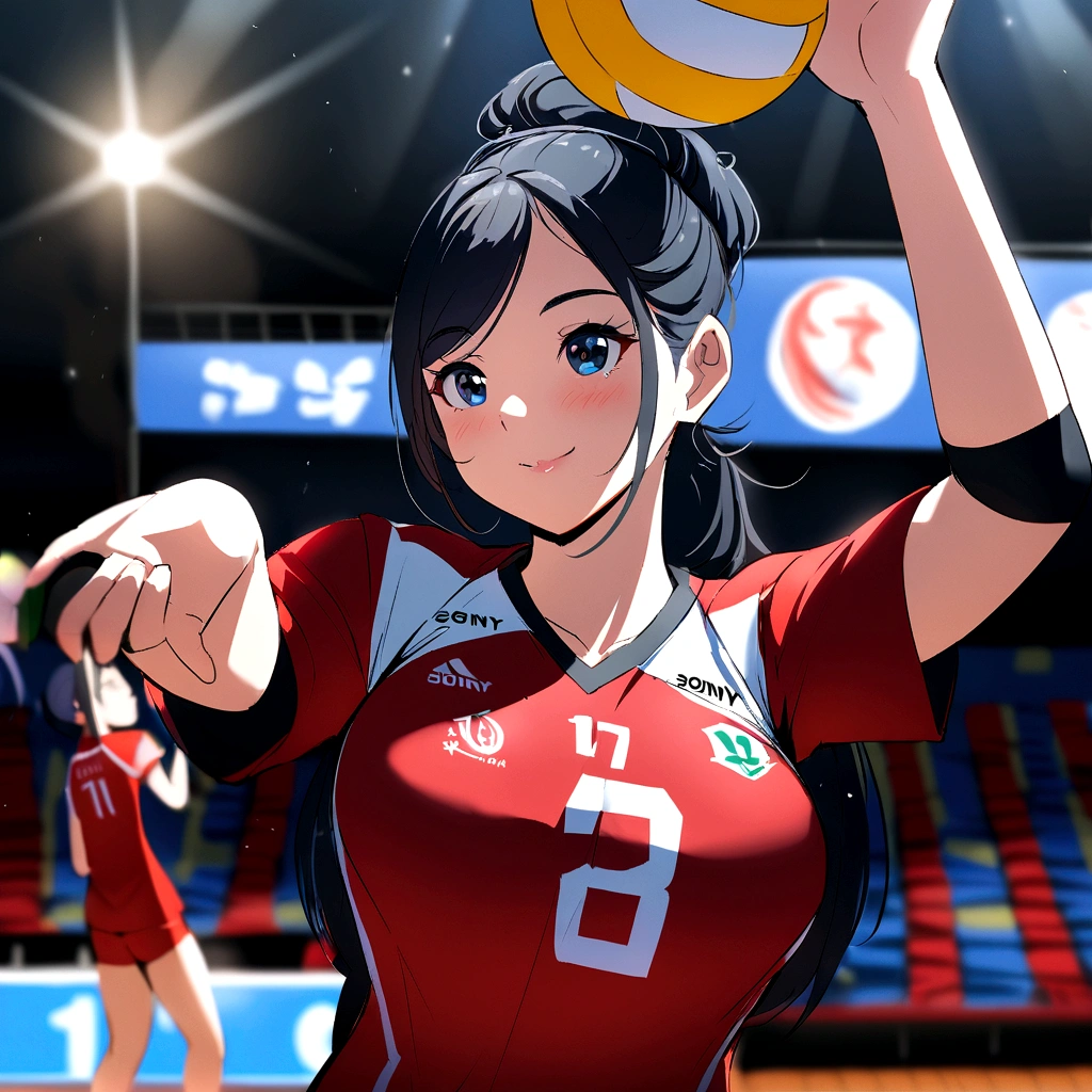 there is a woman that is holding a volleyball ball in her hand, wearing a volleyball jersey, Shot with Sony A7III, kimi takemura, volleyball, Over the shoulder shot
