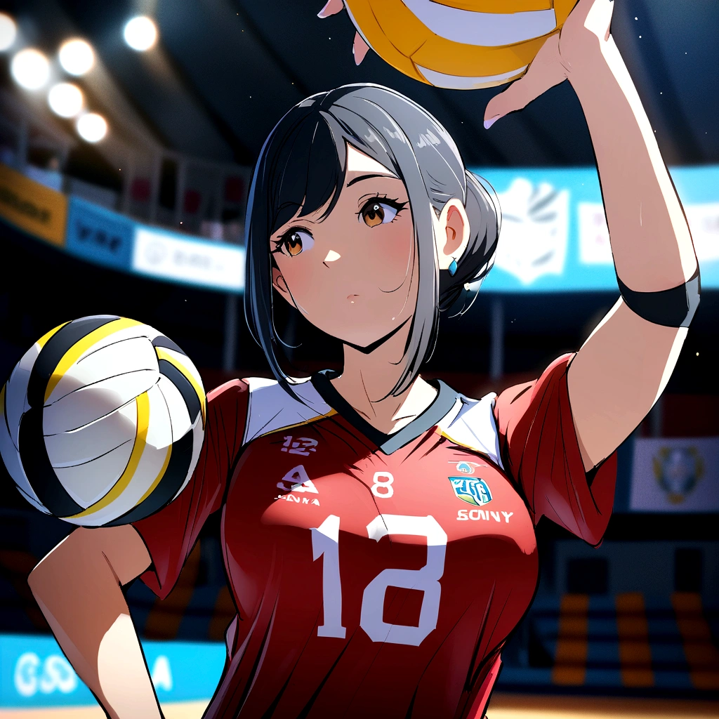 there is a woman that is holding a volleyball ball in her hand, wearing a volleyball jersey, Shot with Sony A7III, kimi takemura, volleyball, Over the shoulder shot